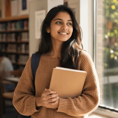 Enthusiastic University Student by Library Window