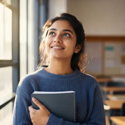 Enthusiastic College Student by Classroom Window
