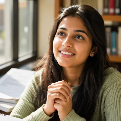 Enthusiastic College Student by Library Window