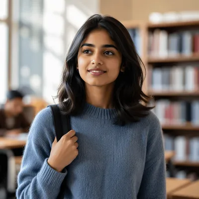 Enthusiastic University Student in Library Portrait