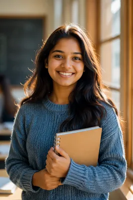 Enthusiastic University Student by Classroom Window