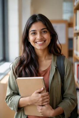 Enthusiastic University Student in Library Portrait