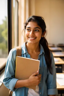 Enthusiastic University Student by Classroom Window