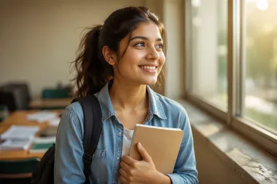 Enthusiastic University Student by Classroom Window
