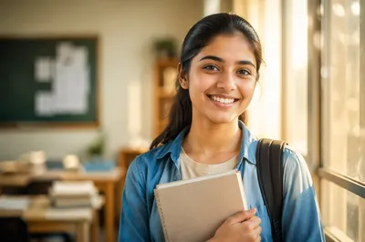 Enthusiastic University Student by Classroom Window