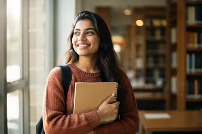 Enthusiastic University Student by Library Window