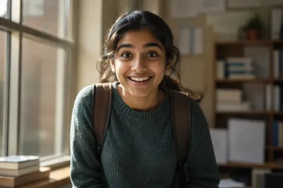 Enthusiastic University Student by Classroom Window
