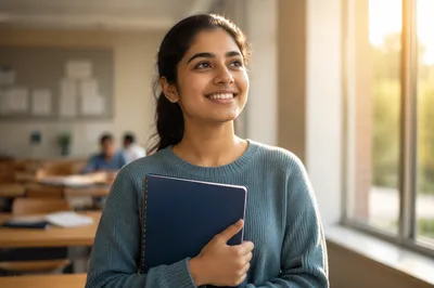 Enthusiastic College Student by Classroom Window