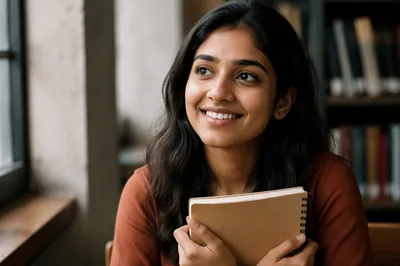 Enthusiastic University Student in Library Portrait