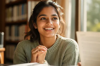 Enthusiastic College Student by Library Window