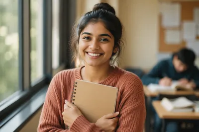 Enthusiastic University Student by Classroom Window