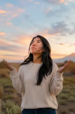 Young Woman with Open Hands at Dawn