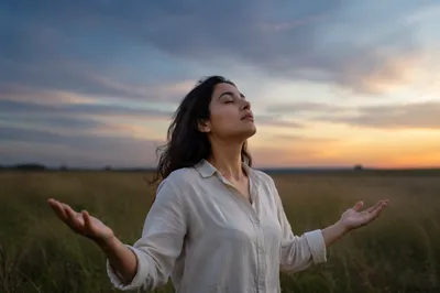 Woman in Meadow at Dusk Sky