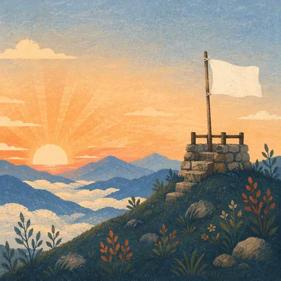 White Surrender Flag at Sunrise Hilltop