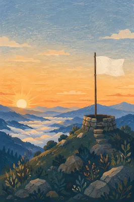 White Surrender Flag at Sunrise Hilltop