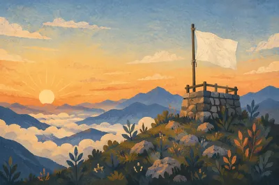 White Surrender Flag at Sunrise Hilltop
