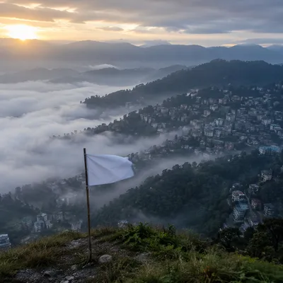 White Flag Surrender at Misty Sunrise