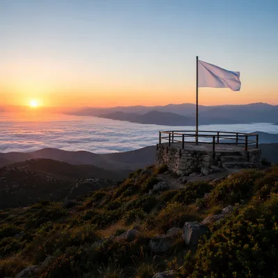White Surrender Flag at Sunrise Hilltop