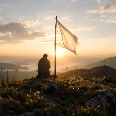 White Surrender Flag at Sunrise Hilltop