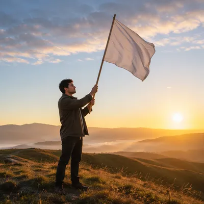 Man Raising White Flag at Sunrise