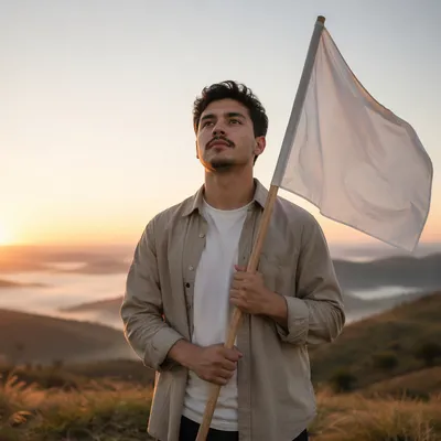 Man Holding White Flag at Sunrise