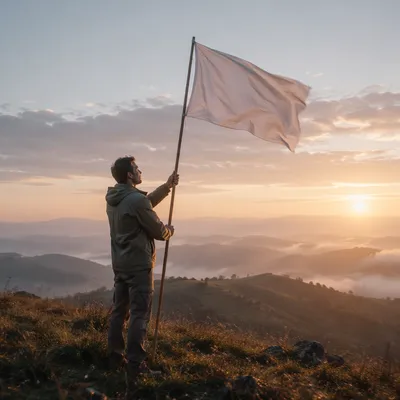 Person Raising White Flag at Sunrise