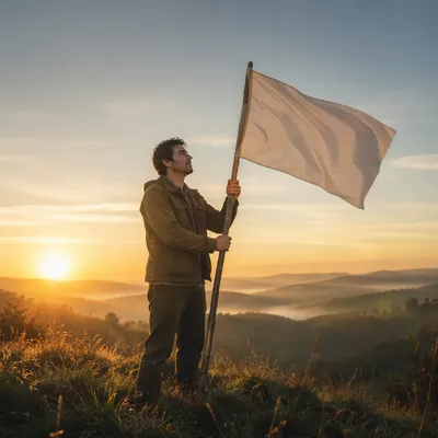 Solitary Figure Raising White Flag at Sunrise
