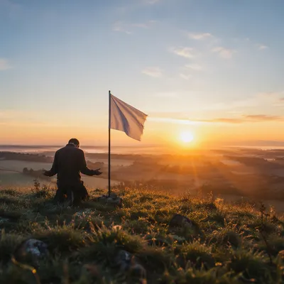 White Flag Surrender at Peaceful Sunrise