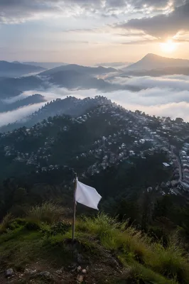 White Surrender Flag Over Misty Sunrise Hills
