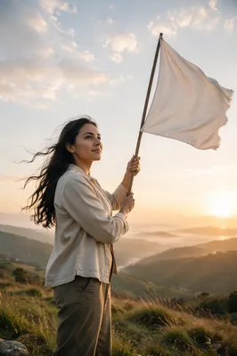 Woman Raising White Flag at Sunrise