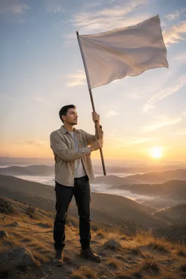 Man Raising White Flag at Sunrise