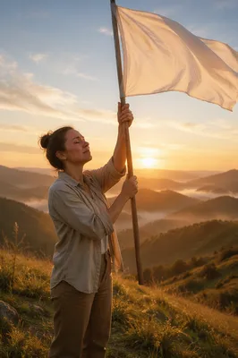 Person Raising White Flag at Sunrise
