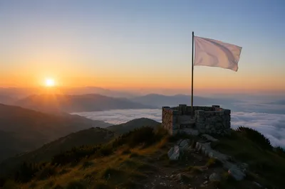 White Flag at Sunrise Over Mountain Clouds