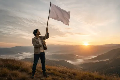 Man Raising White Flag at Sunrise
