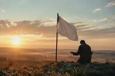 White Flag Surrender at Hilltop Sunrise