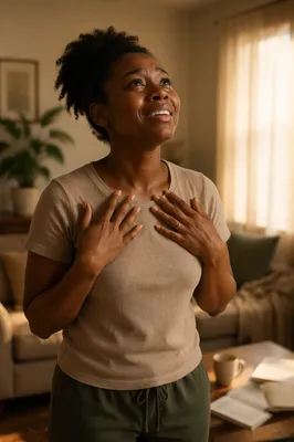 Joyful Woman in Dawn Lit Living Room