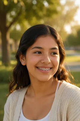 Smiling Teenage Girl with Braces Outdoors