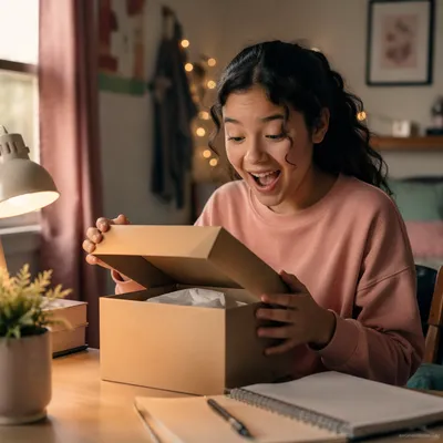 Teen Girl Opening Gift in Bedroom