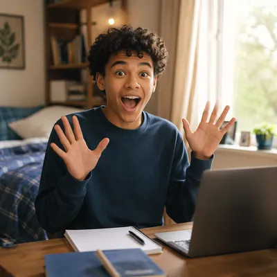 Excited Teenager in Cozy Study Corner