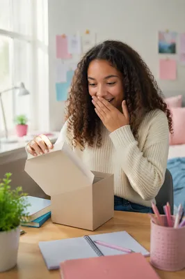 Teen Girl Opening Gift Box in Bedroom