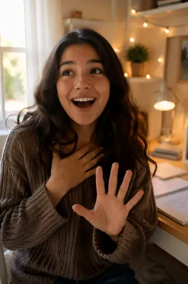 Surprised Teenage Girl in Cozy Bedroom