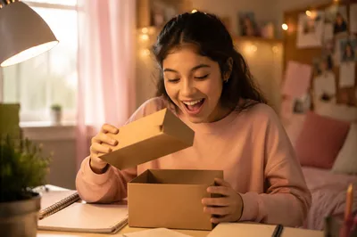 Teen Girl Opening Gift in Bedroom
