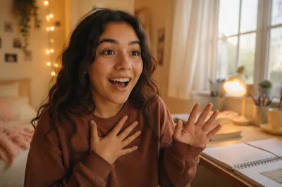 Surprised Teenage Girl in Cozy Bedroom