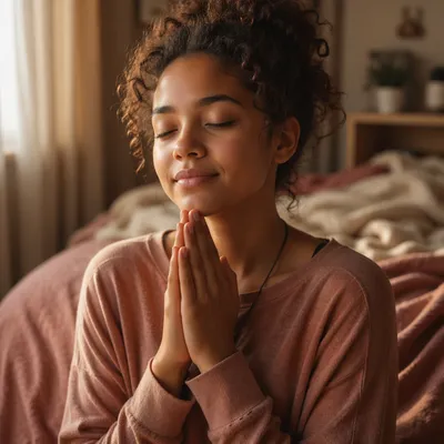 Thankful Teenage Girl Praying by Window
