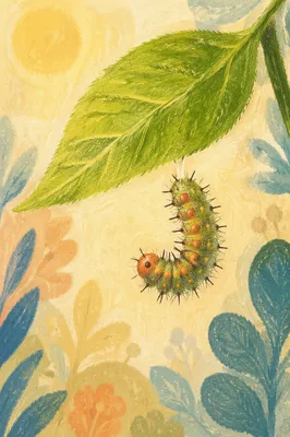 Caterpillar Hanging Beneath Green Leaf