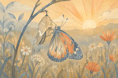 Butterfly Emerging from Cocoon at Sunrise