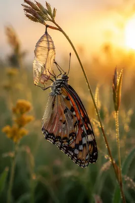 Butterfly Emerging from Chrysalis at Sunrise