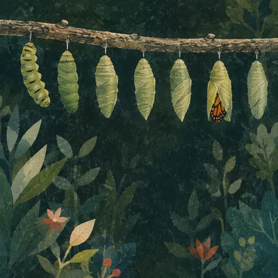 Caterpillar Chrysalis Transformation in Forest Light