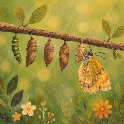 Golden Butterfly Metamorphosis on Spring Branch