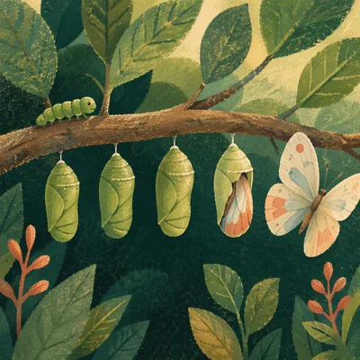 Caterpillar Butterfly Transformation on Forest Twig